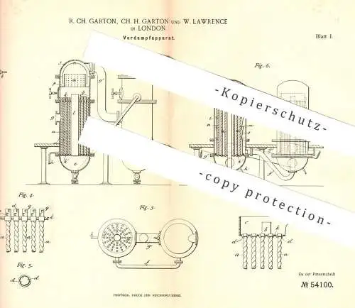 original Patent - R. Ch. Garton , Ch. H. Garton , W. Lawrence , London , England | Verdampfer | Zucker , Destillation