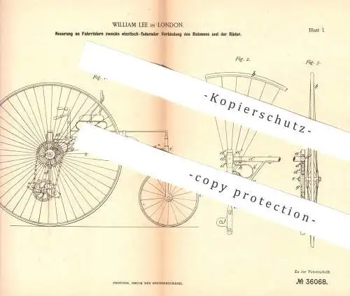 original Patent - William Lee , London , England , 1885 , Verbindung von Rahmen u. Rad am Fahrrad | Fahrräder !!