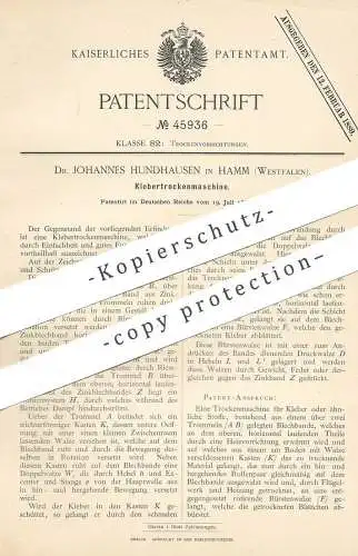 original Patent - Dr. Johannes Hundhausen , Hamm / Westfalen , 1888 , Klebertrockenmaschine | Kleber , Leim , Klebe !!