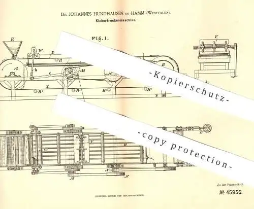 original Patent - Dr. Johannes Hundhausen , Hamm / Westfalen , 1888 , Klebertrockenmaschine | Kleber , Leim , Klebe !!