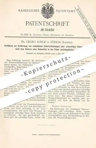 original Patent - Dr. Georg Lunge , Zürich , Schweiz , 1885 , Entfernung schädlicher Chlorverbindung o. Schwefelsäure !!