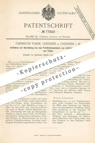 original Patent - Chemische Fabrik Griesheim / Frankfurt / Main , 1893 , Darst. von oop - Trinitrobenzoësäure aus Toluol