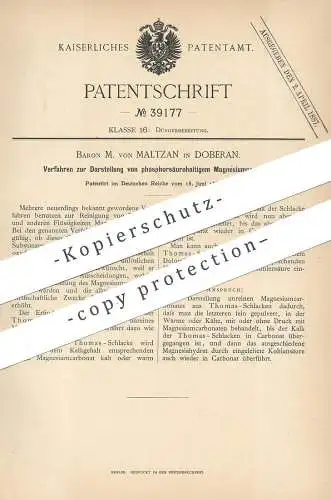 original Patent - Baron M. von Maltzan , Doberan / Mecklenburg , 1886 , phosphorsäurehaltiges Magnesiumcarbonat | Dünger