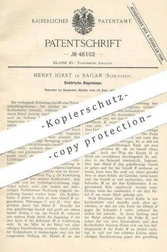 original Patent - Henry Hirst , Sagan , Schlesien , 1888 , Elektrische Bogenlampe | Lampe , Laterne , Brenner | Elektrik