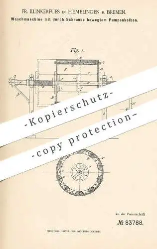 original Patent - Fr. Klinkerfues , Hemelingen / Bremen , 1895 , Waschmaschine | Waschmaschinen | Pumpe , Pumpen !!!