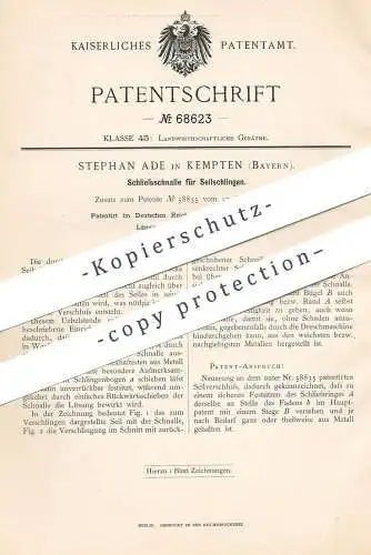 original Patent - Stephan Ade , Kempten , Bayern , 1891 , Schließschnalle für Seilschlinge | Schnalle , Schlinge , Seil