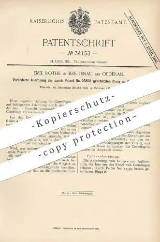 original Patent - Emil Rothe , Breitenau bei Oederan / Chemnitz , Freiberg , 1885 , Ring - Anordnung an Zentrifuge !!!