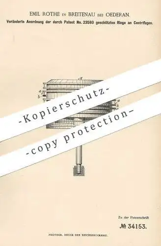 original Patent - Emil Rothe , Breitenau bei Oederan / Chemnitz , Freiberg , 1885 , Ring - Anordnung an Zentrifuge !!!