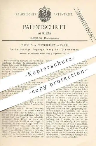 original Patent - Charles de Choubersky , Paris , Frankreich , 1884 , Zugregulierung für Zimmerofen | Ofen , Ofenbauer !