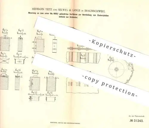 original Patent - Hermann Tietz , Selwig & Lange , Braunschweig  1883 , Herst. von Zuckerplatten | Zucker , Zuckerfabrik