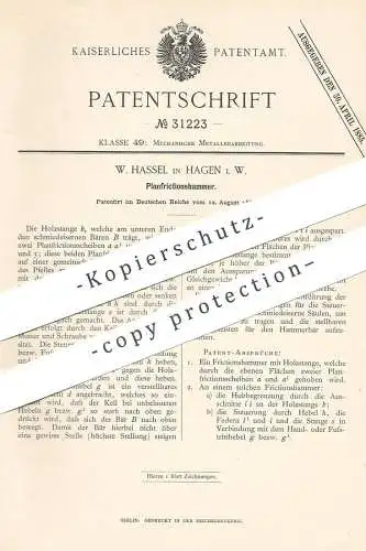 original Patent - W. Hassel , Hagen , 1884 , Planfriktionshammer | Friktionshammer | Hammer , Metall | Eisen , Stahl !!