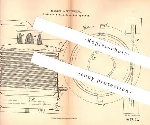 original Patent - H. Blume , Wittenberg , 1885 , Zylinder - Berieselungskühlapparat | Kühlung , Kühlanlage , Kühlraum !