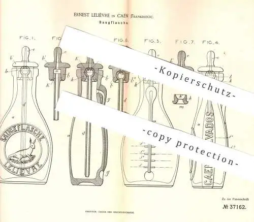 original Patent - Ernest Lelièvre , Caën , Frankreich , 1886 , Saugflasche | Flasche , Flaschen | Medizin , Arzt !!!