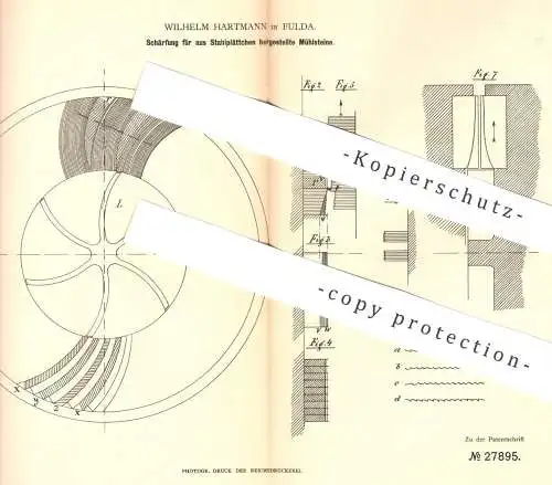 original Patent - Wilhelm Hartmann , Fulda , 1883 , Schärfung von Mühlstein | Mühle , Mühlen , Mahlwerk , Walze , Mehl