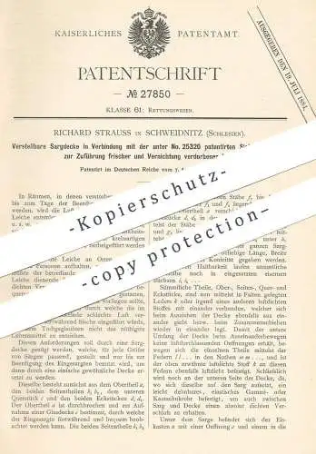 original Patent - Richard Strauss , Schweidnitz / Schlesien , 1883 , Sargdecke | Sarg , Särge | Bestattung , Bestatter !