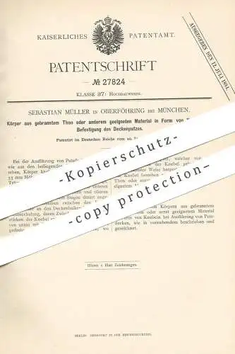 original Patent - Sebastian Müller , Oberföhring / München , 1884 , Befestigung von Deckenputz mittels gebranntem Ton !!