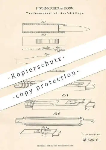 original Patent - F. Soennecken , Bonn , 1885 , Taschenmesser mit Ausfallklinge | Messer , Messerklinge , Klinge !!!