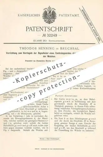 original Patent - Theodor Henning , Bruchsal , 1884 , Verriegeln der Signalhebel an Eisenbahn - Weichen | Eisenbahnen !