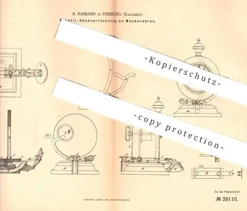 original Patent - A. Hamann , Freiburg , Schlesien , 1886 , Repetier-Zündvorrichtung an Weckeruhr | Wecker , Uhr | Uhren