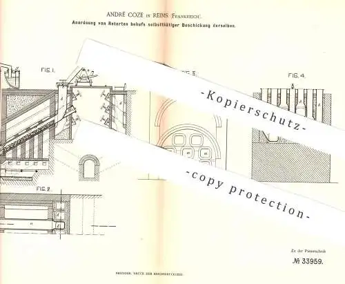 original Patent - André Coze , Reims , Frankreich , 1885 , Retorten - Anordnung | Retorte | Gas , Kohle , Ofen , Brenner