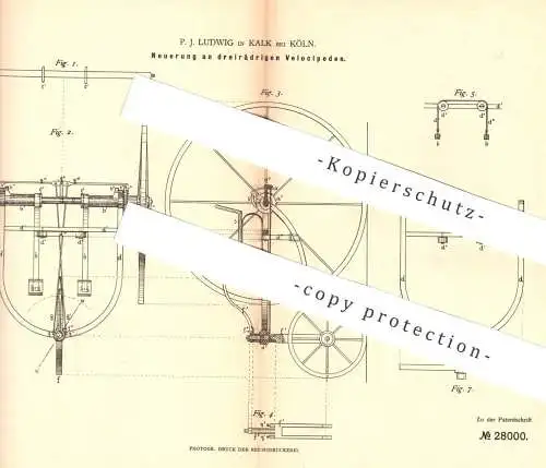 original Patent - P. J. Ludwig , Kalk / Köln , 1883 , dreirädriges Velociped | Dreirad , Fahrrad , Hochrad , Velo !!!