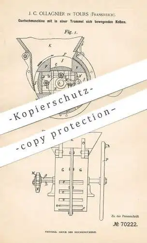 original Patent - J. C. Ollagnier , Tours , Frankreich , 1893 , Quetschmaschine für Obst | Presse , Mosterei | Gärtner