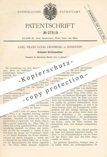 original Patent - Carl Franz Louis Frohberg , Rosswein , 1884 , Malz - Sortiermaschine | Getreide | Bier , Brauerei !!!