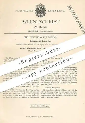 original Patent - Emil Servais , Luxemburg , 1880 , Zimmerofen | Ofen , Öfen , Ofenbauer , Heizung , Feuerung !!!