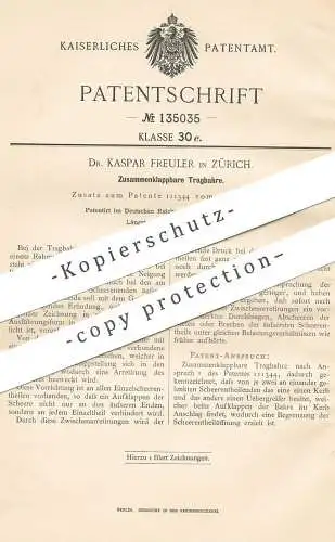 original Patent - Dr. Kaspar Freuler , Zürich , Schweiz , 1901 , Zusammenklappbare Tragbahre | Bahre | Nürnberger Schere