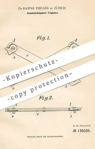 original Patent - Dr. Kaspar Freuler , Zürich , Schweiz , 1901 , Zusammenklappbare Tragbahre | Bahre | Nürnberger Schere