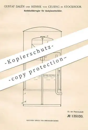 original Patent - Gustaf Dalén , Henrik von Celsing , Stockholm , Schweden | Karbidzufuhrregler für Acetylenentwickler