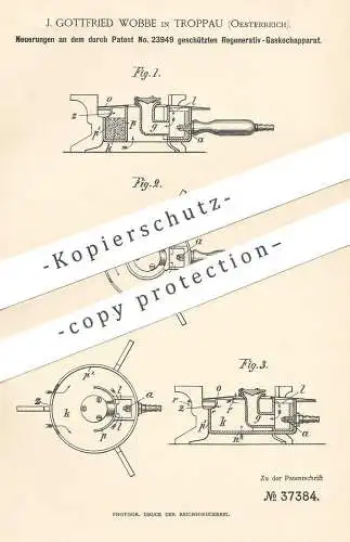 original Patent - J. Gottfried Wobbe , Troppau , Österreich , 1886 , Gaskocher | Gas - Kocher | Herd , Brenner , Ofen !!