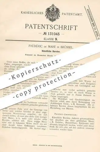 original Patent - Frédéric de Mare , Brüssel , 1901 , Künstliche Borsten | Bürsten | Gelatine , Epidermin , Albumin !!!