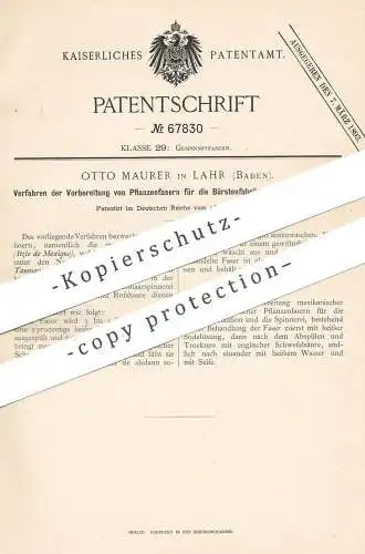 original Patent - Otto Maurer , Lahr / Baden , 1890 , Vorbereitung von Pflanzenfaser für Bürsten , Spinnerei | Borsten !