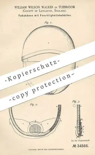 original Patent - William Wilson Walker , Tuebrook , Lancaster , England , 1885 , Tabakdose | Tabak - Dose | Zigarren