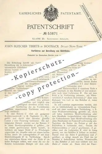 original Patent - John Bleecker Tibbits , Hoosack , New York USA 1889 , Bereitung von Glühfäden | Glühlampe | Glühlicht