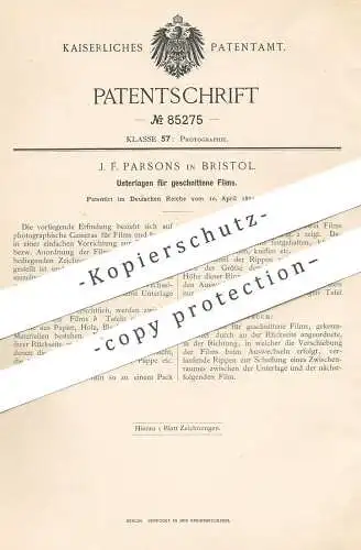 original Patent - J. F. Parsons , Bristol , 1894 , Unterlagen für geschnittene Filme | Kamera | Film , Fotografie , Foto