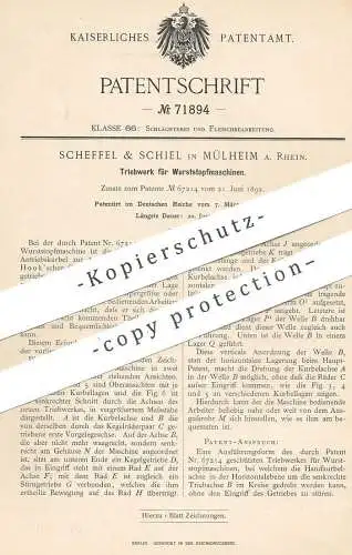 original Patent - Scheffel & Schiel , Mülheim / Ruhr , 1893 , Triebwerk für Wurststopfmaschine | Schlachter , Fleischer