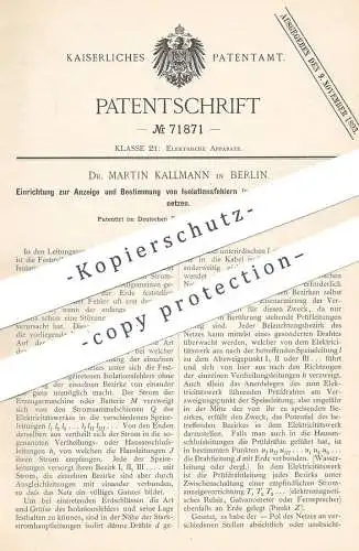 original Patent - Dr. Martin Kallmann , Berlin , 1892 , Isolationsfelder im elektr. Verteilungsnetz | Strom , Elektriker