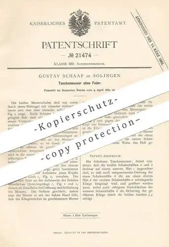 original Patent - Gustav Schaaf , Solingen , 1882 , Taschenmesser ohne Feder | Messer | Messerklinge , Klinge !!!