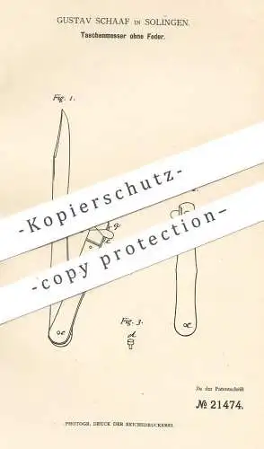 original Patent - Gustav Schaaf , Solingen , 1882 , Taschenmesser ohne Feder | Messer | Messerklinge , Klinge !!!