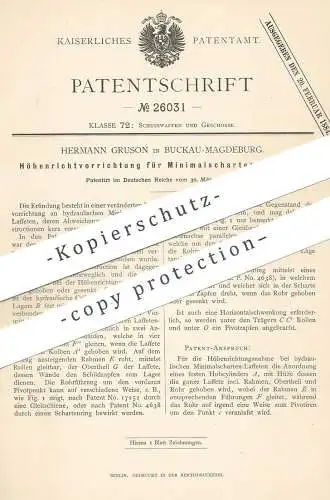 original Patent - Hermann Gruson , Magdeburg / Buckau , 1883 , Höhenvorrichtung für Minimalscharten - Laffette | Waffen