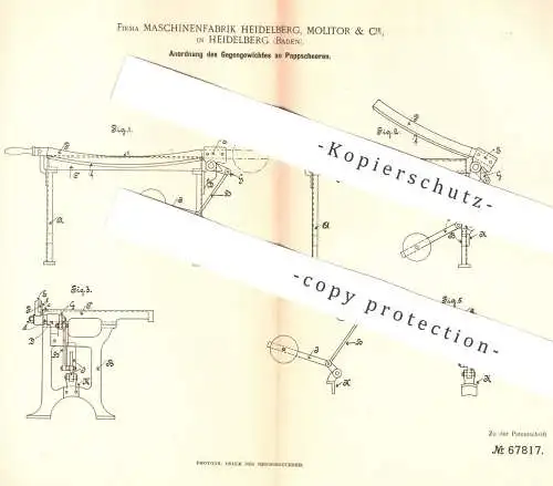 original Patent - Maschinenfabrik Heidelberg , Molitor & Cie , Heidelberg  1892 , Pappschere | Schere für Pappe | Papier