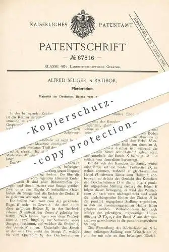 original Patent - Alfred Seliger , Ratibor , 1892 , Pferderechen | Pferde - Rechen | Pferd , Landwirtschaft , Getreide !