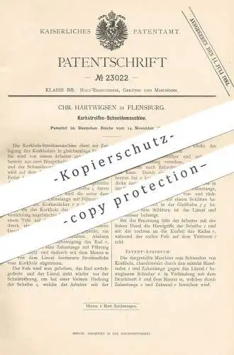 original Patent - Chr. Hartwigsen , Flensburg 1882 , Korkstreifen - Schneidemaschine | Kork - Holz | Korkholz | Tischler