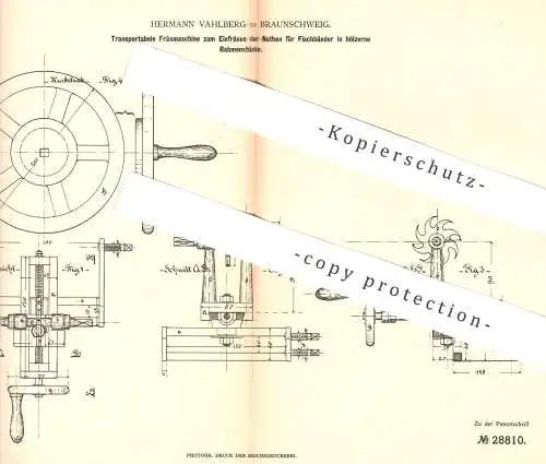 original Patent - Hermann Vahlberg , Braunschweig , 1884 , Fräsmaschine | Fräse , Fräsen , Kreissäge , Säge | Holz !!!