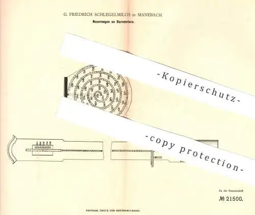 original Patent - G. Friedrich Schlegelmilch , Manebach , 1882 , Barometer | Luftdruck | Quecksilber | Thermometer !!!