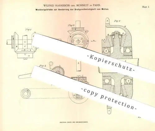 original Patent - Wilfrid Harrisson gen. Monniot , Paris , Frankreich , 1894 , Wechselgetriebe | Getriebe | Motor !!!