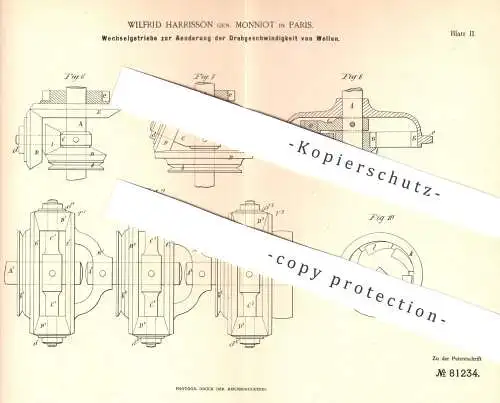 original Patent - Wilfrid Harrisson gen. Monniot , Paris , Frankreich , 1894 , Wechselgetriebe | Getriebe | Motor !!!