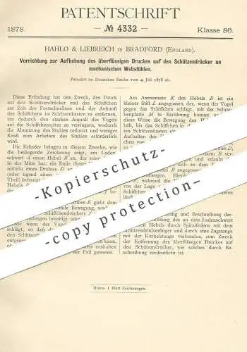 original Patent - Hahlo & Liebreich , Bradford , England , 1878 , Schützendrücker am mechan. Webstuhl | Weber , Weben !